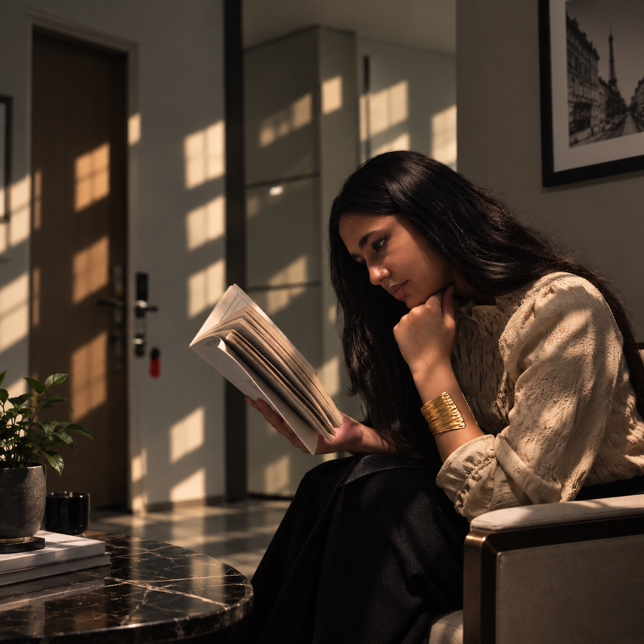 Render 01 — figure reading in warm light